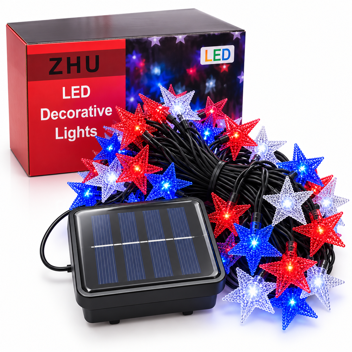 Guirnalda solar de estrellas rojas azules y blancas con panel