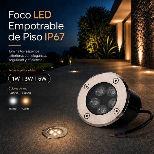 Foco LED empotrable de piso con aro de acero inoxidable y cinco lentes