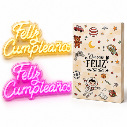 Letrero neón LED Feliz Cumpleaños disponible en luz cálida y rosa con caja
