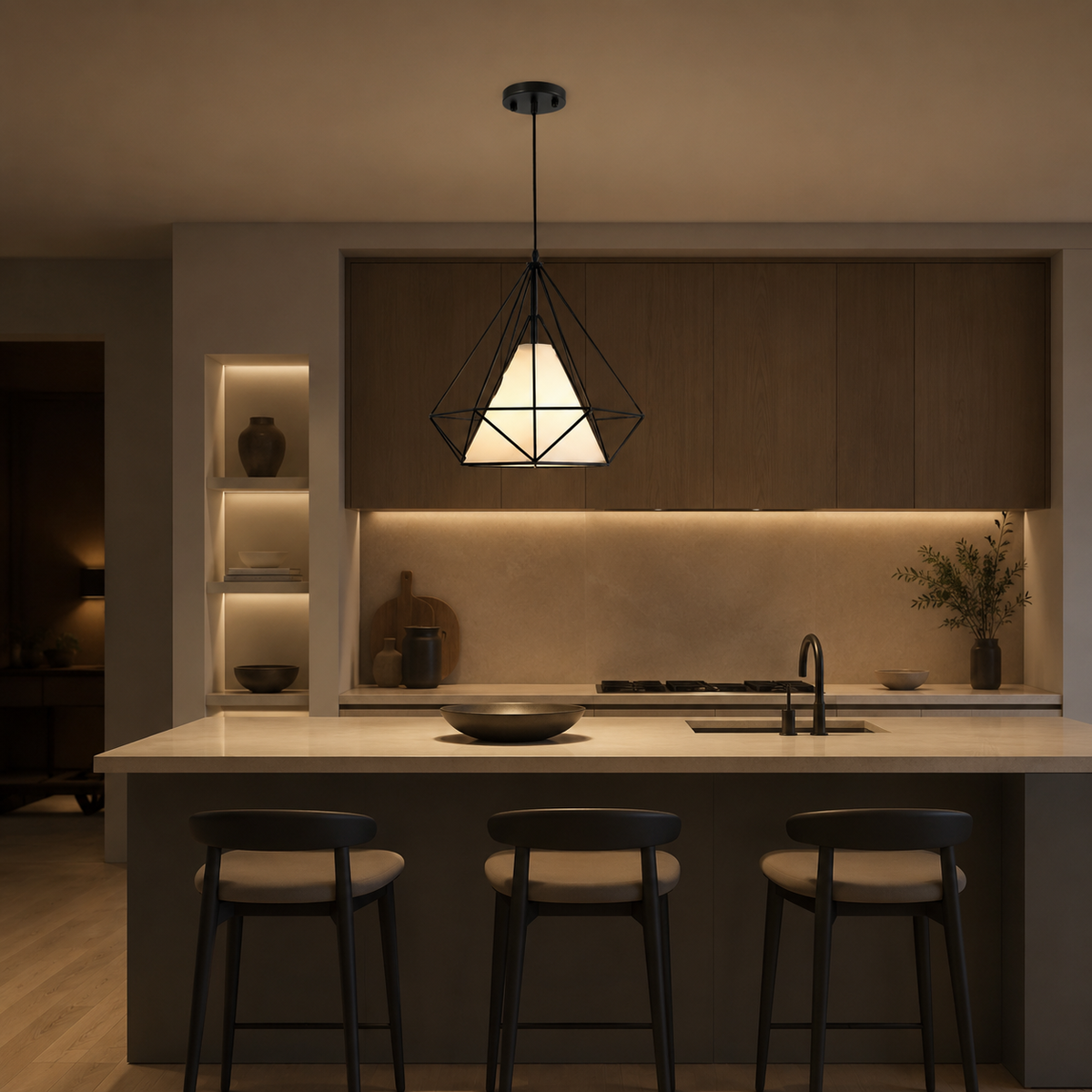 Lámpara colgante industrial diamante instalada sobre isla de cocina