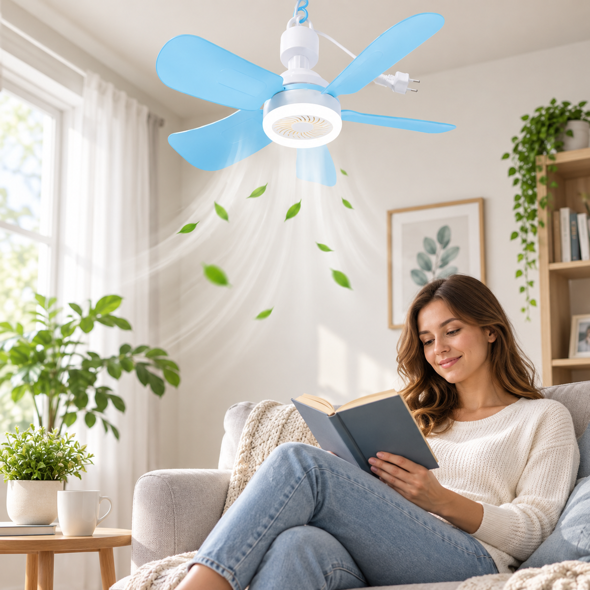 Ventilador colgante con enchufe instalado en living para refrescar el ambiente