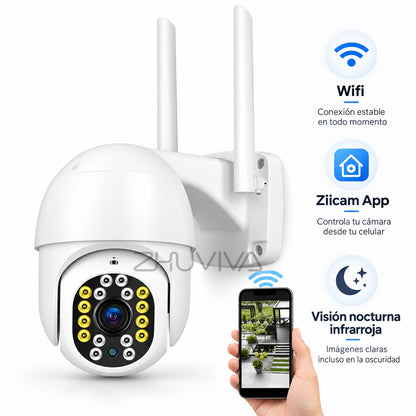 Cámara PTZ WiFi exterior compatible con Ziicam y visión nocturna infrarroja