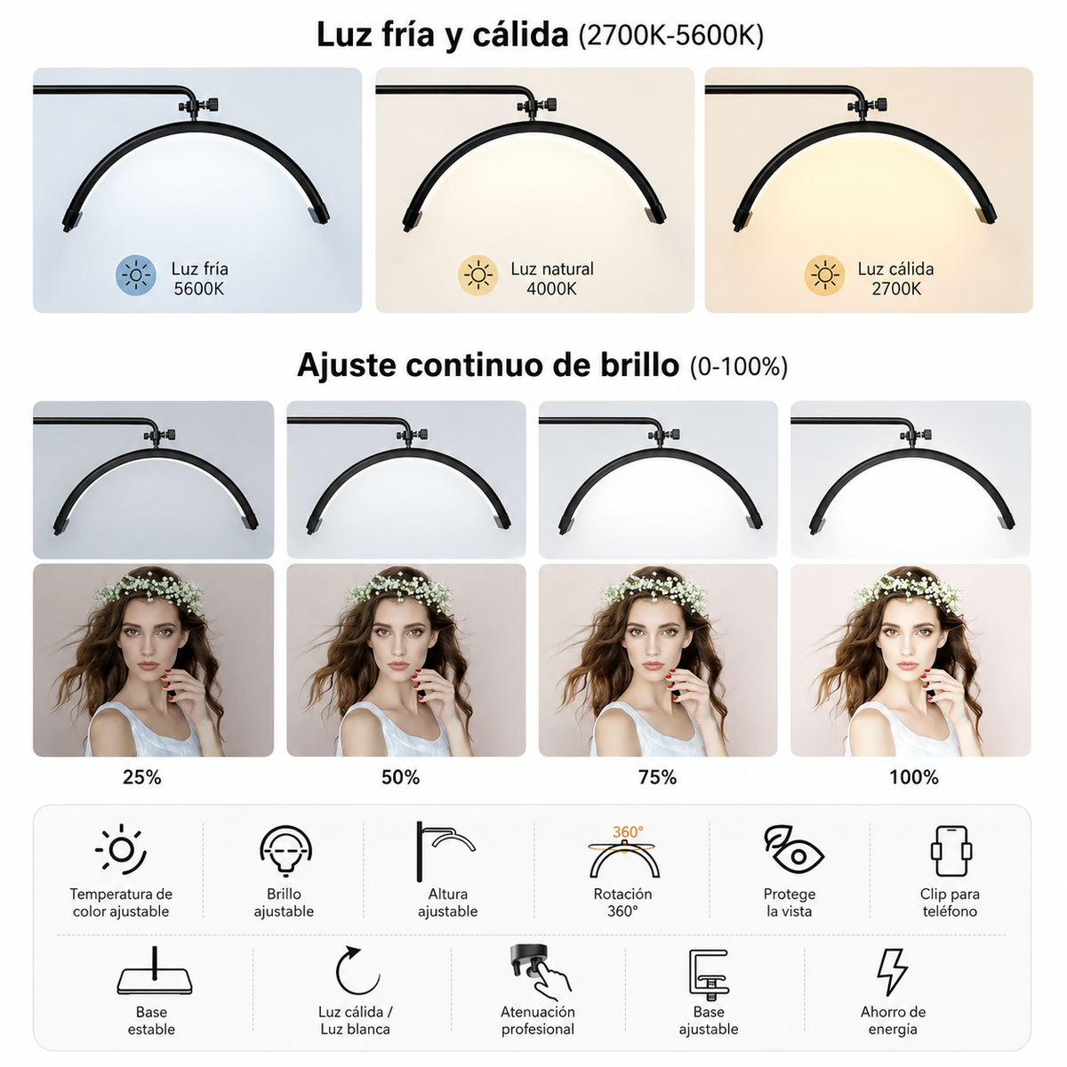Lámpara Media Luna LED 36W de Pie con Control para Pestañas, Maquillaje y Estética
