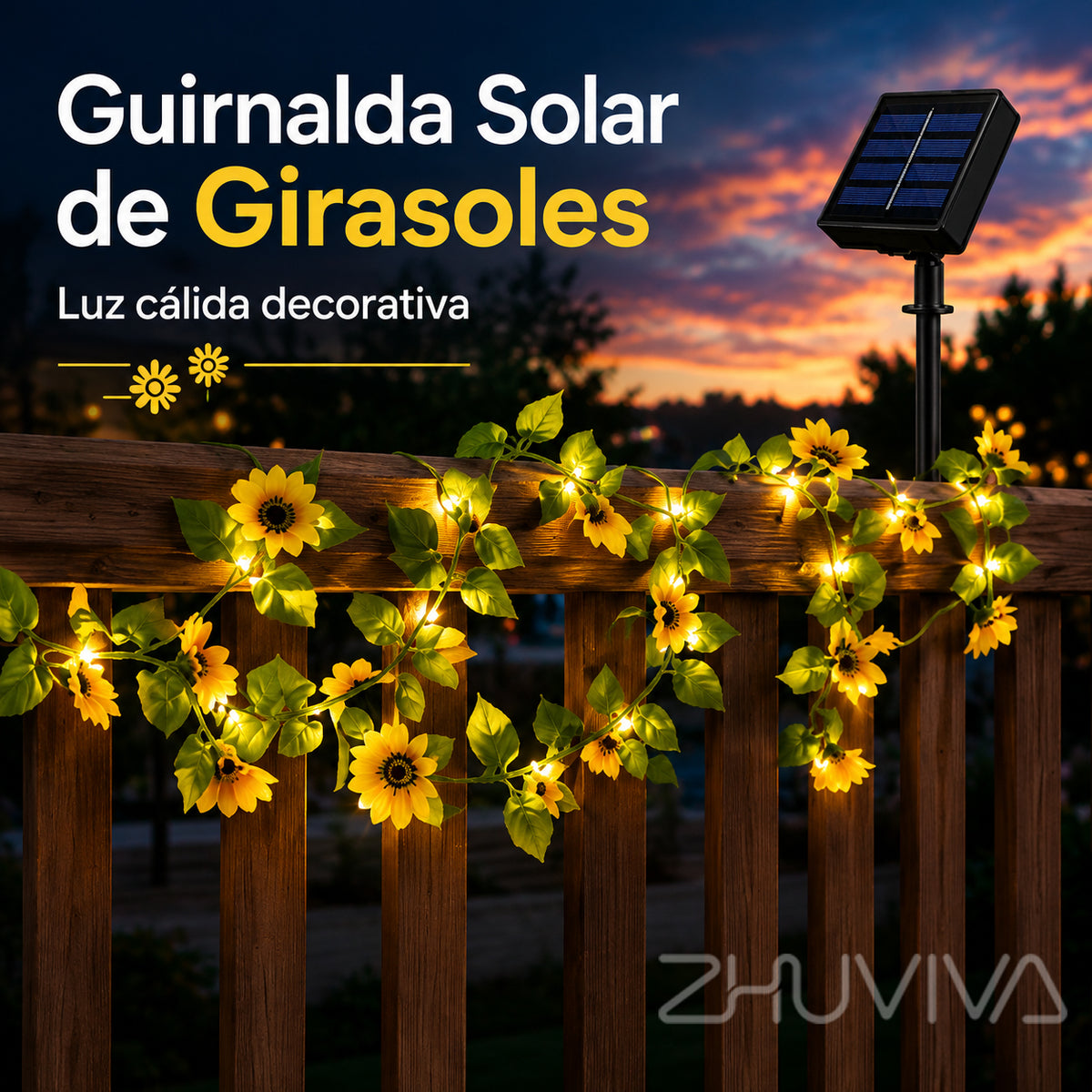 Guirnalda solar de girasoles con luces LED cálidas para jardín patio y terraza