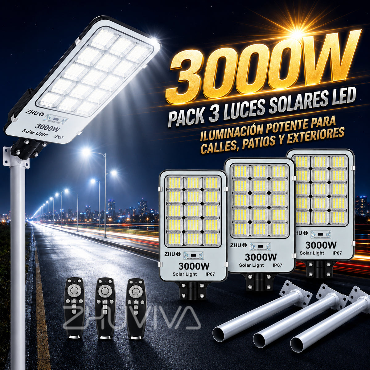 ZHU｜Foco Solar LED 3000W Alta Luminosidad  Lampára Suburbana con Sensor y Control