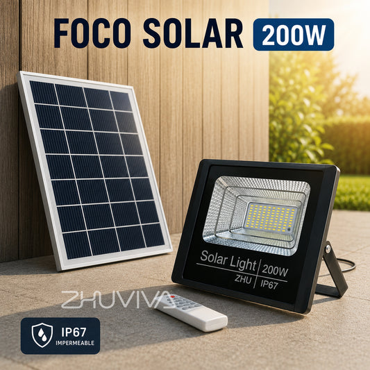 Foco Solar LED 200W IP67 con Control Remoto y Panel Solar para Exterior