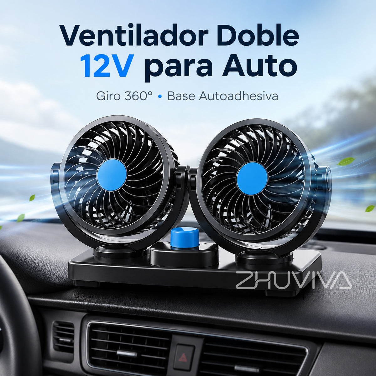 Ventilador Doble 12V para Auto con Giro 360° y Base Autoadhesiva