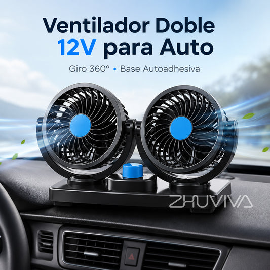 Ventilador Doble 12V para Auto con Giro 360° y Base Autoadhesiva