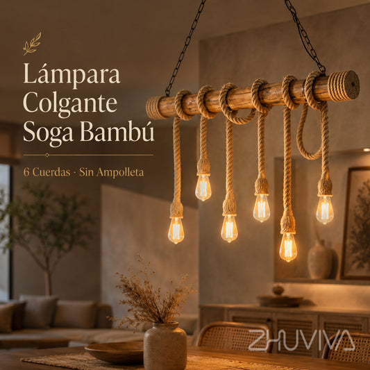 Lámpara colgante rústica de bambú y soga con 6 luces