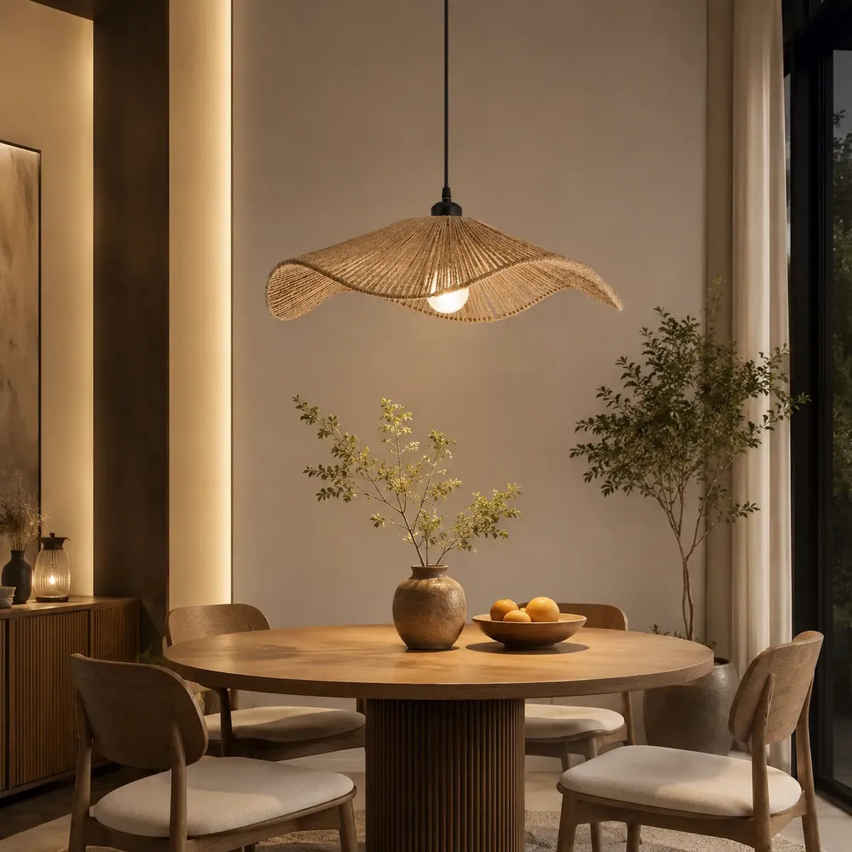 Lampara colgante boho sobre comedor