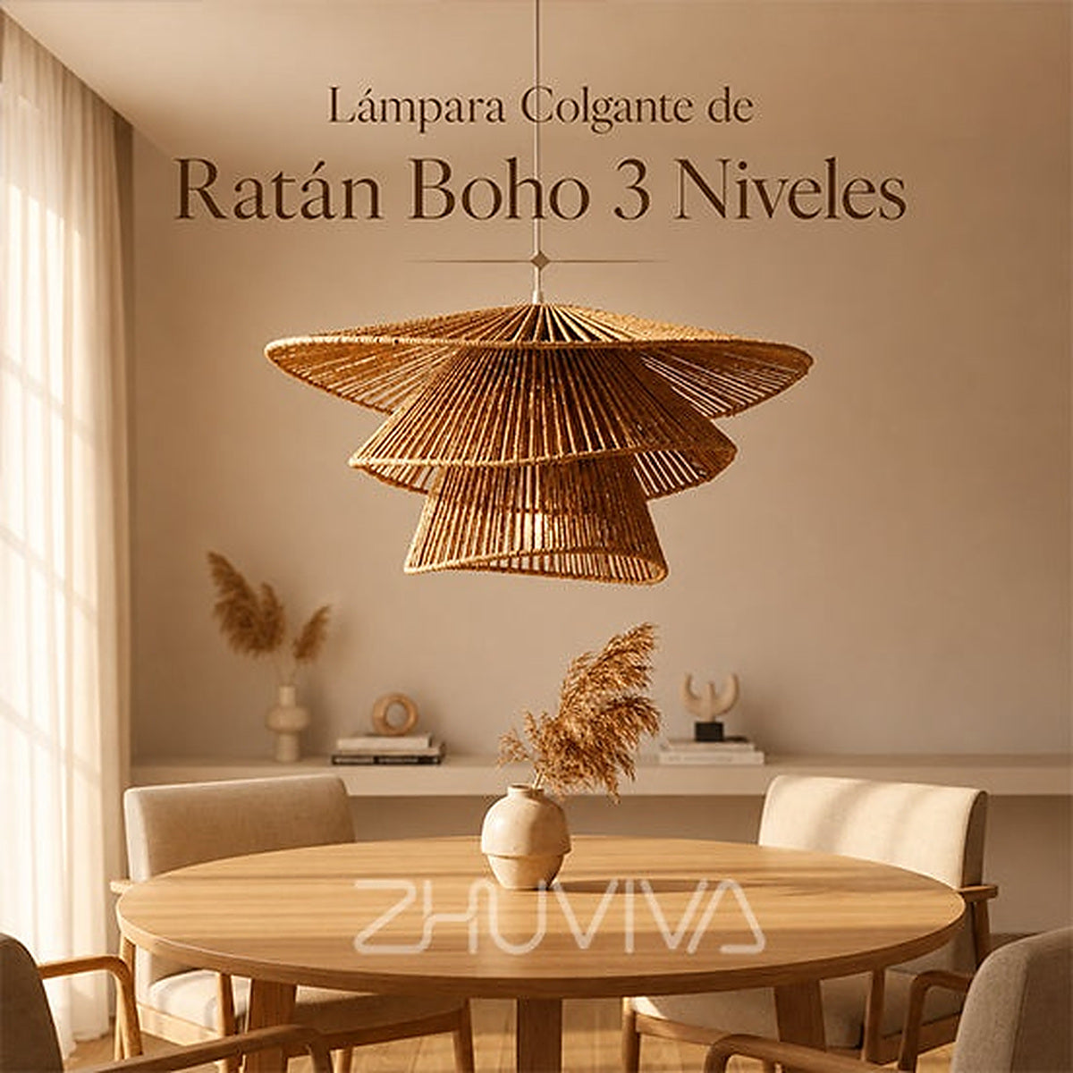 Lámpara colgante de ratán boho 3 niveles para comedor y living