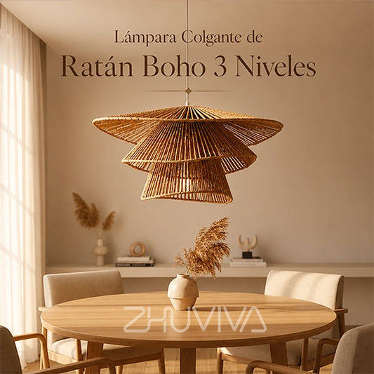 Lámpara colgante de ratán boho 3 niveles para comedor y living