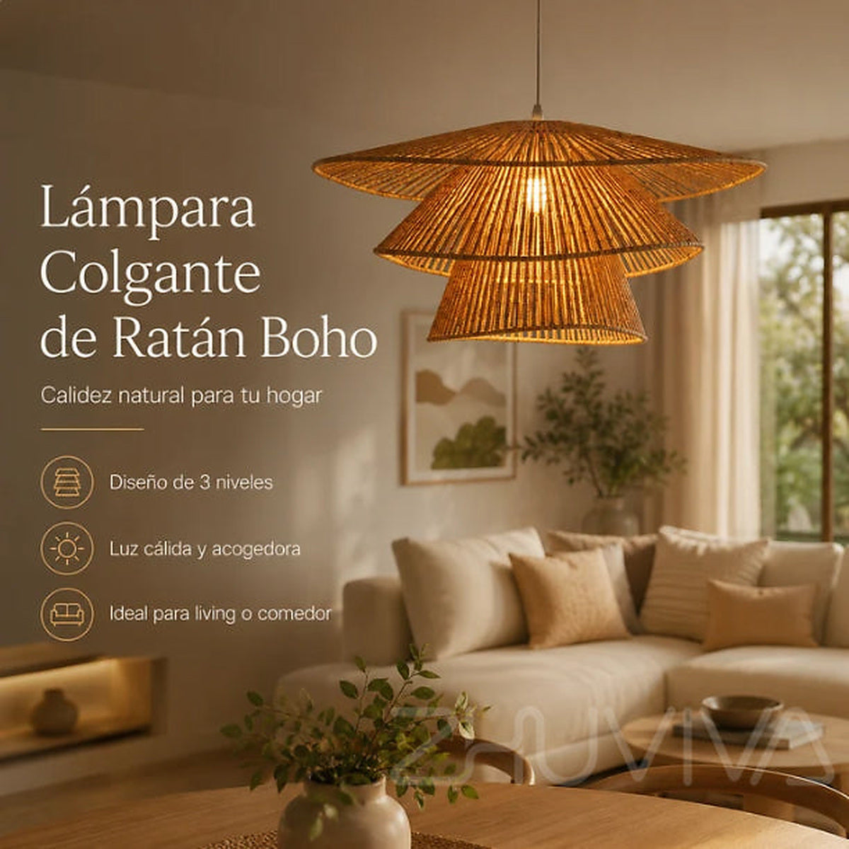 Lámpara colgante de ratán natural de 3 niveles iluminando un living