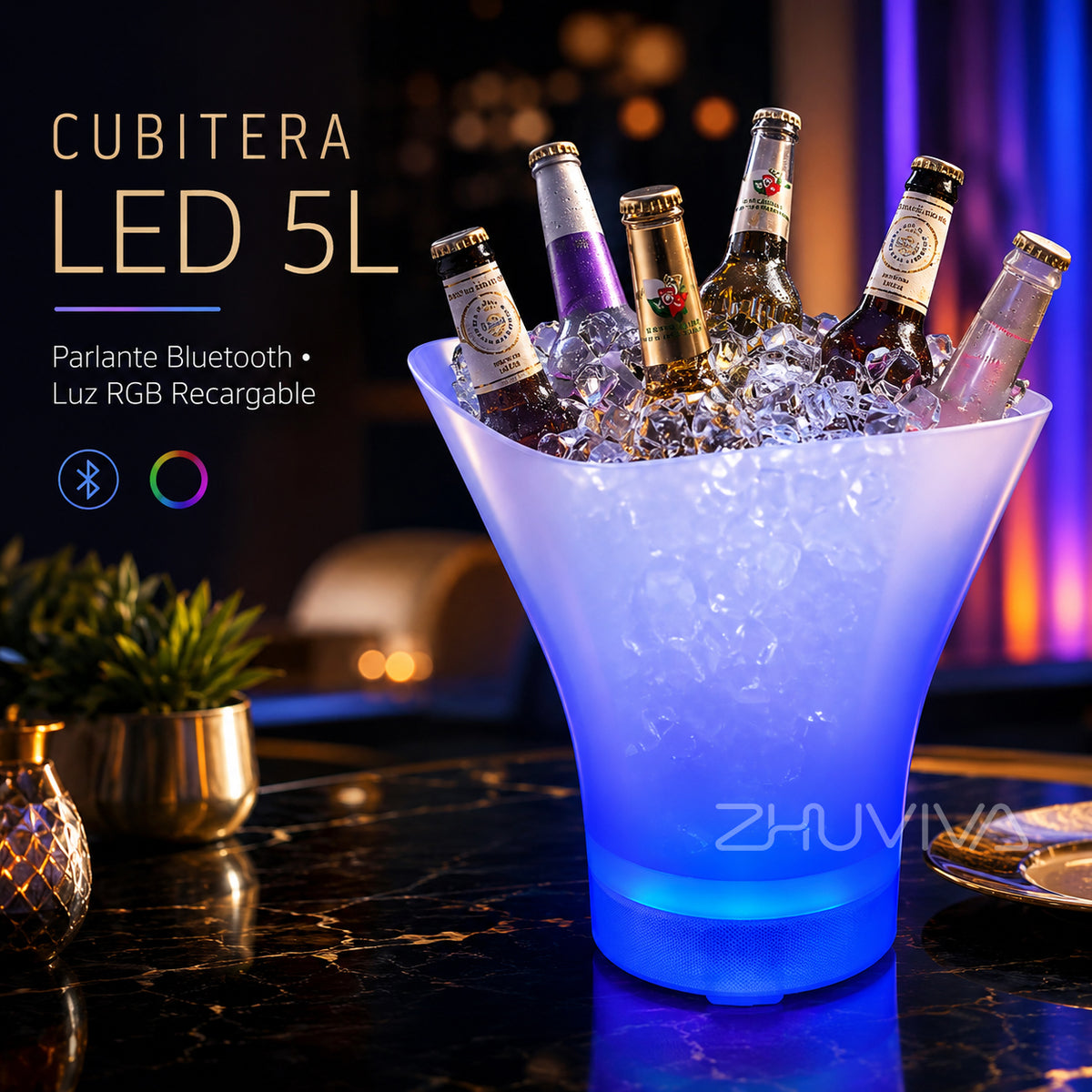 Cubitera LED 5L con parlante Bluetooth, bebidas y hielo para bar