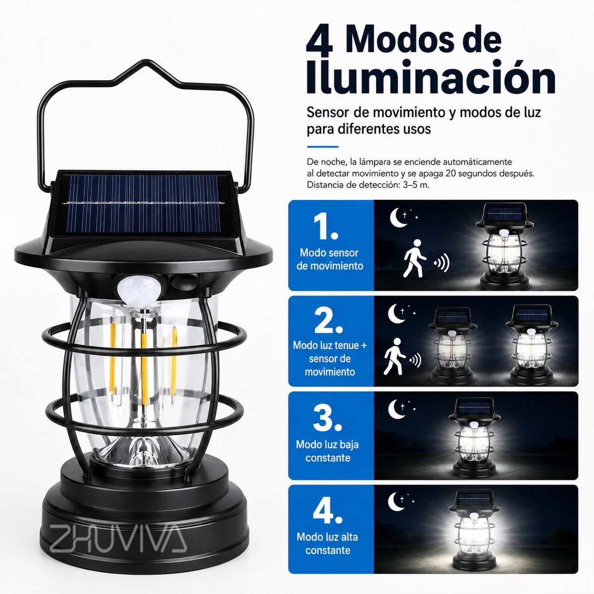 Farol solar portátil negro con panel integrado, asa y sensor de movimiento