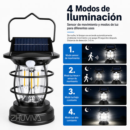Farol solar portátil negro con panel integrado, asa y sensor de movimiento