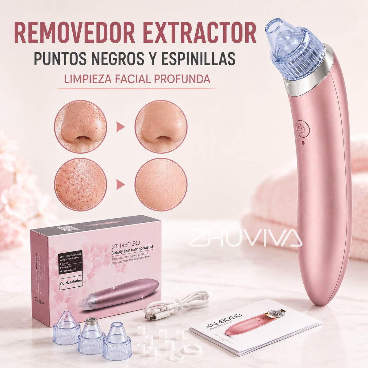 Extractor de Puntos Negros Recargable USB con Succión Ajustable y Boquillas Faciales