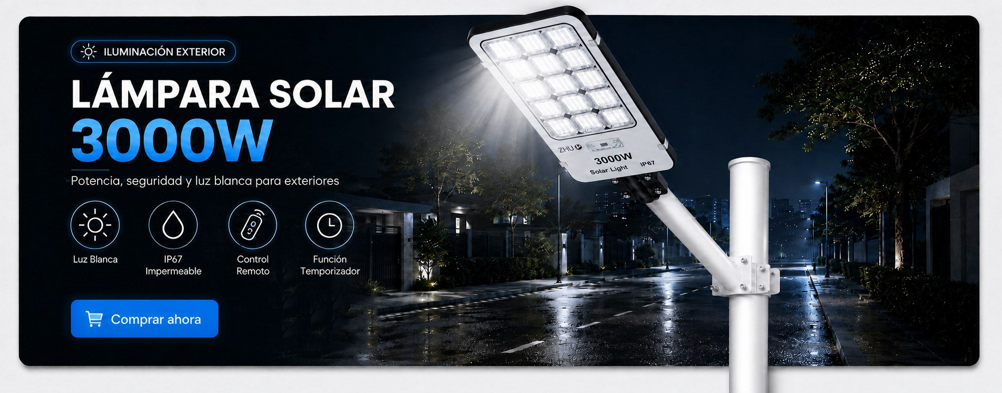 Foco solar LED 3000W para exterior con control remoto, temporizador e impermeabilidad IP67